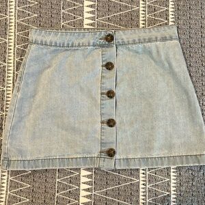 Jean skirt, distressed, button down. Size large, but fits more like a medium.